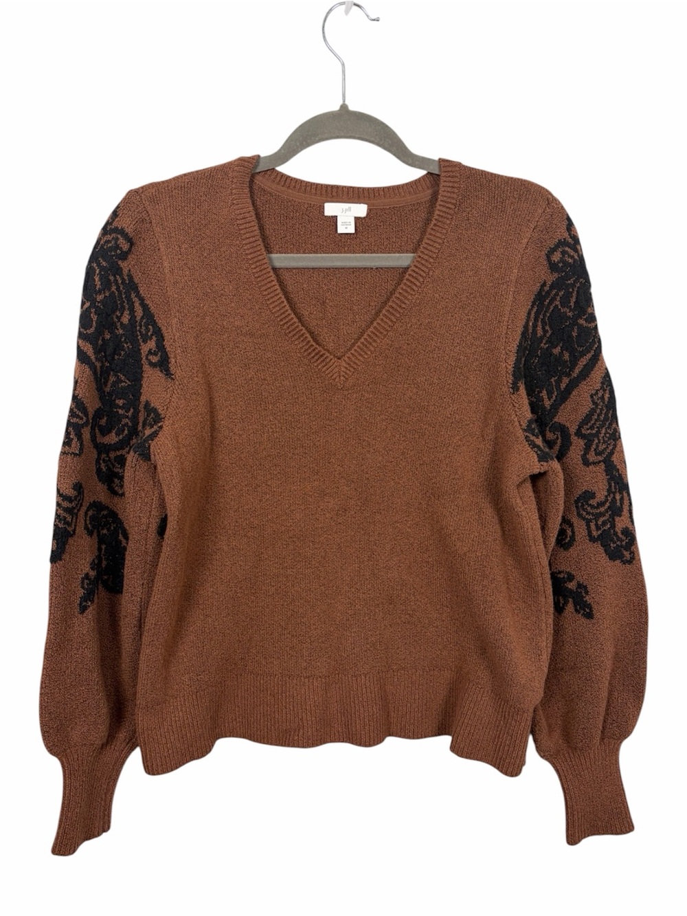 J.Jill Brown Black Paisley Balloon Sleeve V Neck Sweater Medium